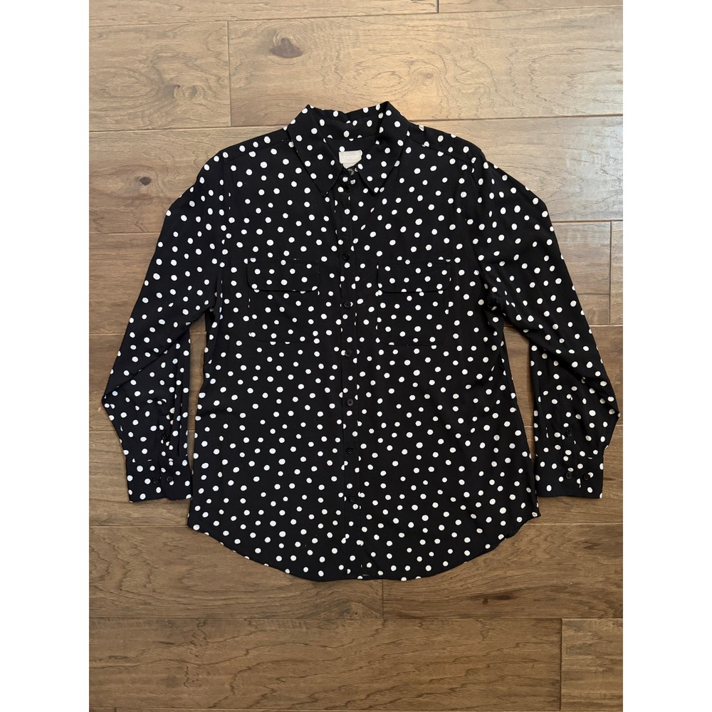 Chicos Polka Dot Button Down Shirt Black White Size 1 US 8/10 Long Sleeve Pocket